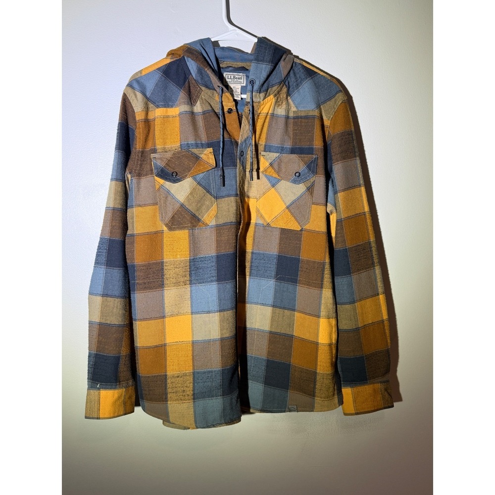 LL Bean Mens Plaid Hooded Flannel Shirt Jacket Yellow Blue Wool Blend M 502205
